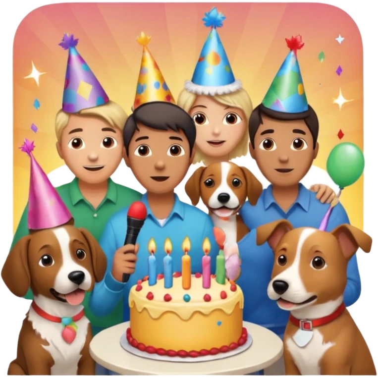 celebration birthday with a dog and watching sunset with many peoples with a birthday cake and mike a wish man peoples at home emoji
