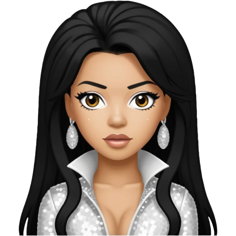 Keyshia Cole with long black hair, white sequin outfit emoji