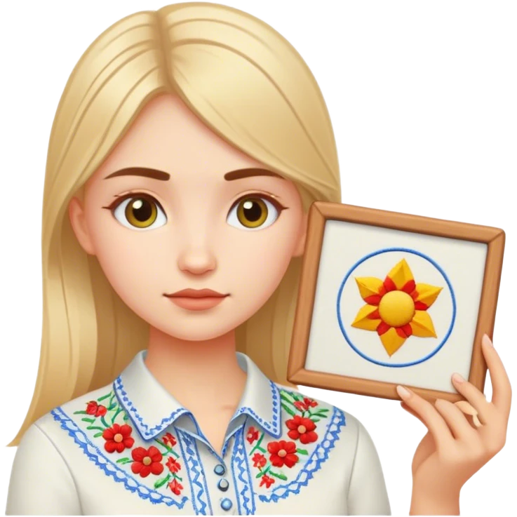 A Ukrainian girl in an embroidered shirt holds a diagram emoji