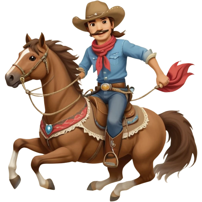 clash-of-clans-aesthetic_-cinematic-playful-cowboy-portrait-emoji, head-tilted with a roguish, cheeky grin and twinkling eyes, featuring a rugged, spirited build with a wide-brimmed cowboy hat and a weathered bandana on tan skin, brown hair and a moustache , riding a powerful galloping horse with dynamic flowing mane, reins gripped firmly in one hand and a lasso in the other, as dust swirls behind them in a vast desert landscape. emoji