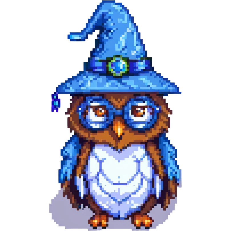 owl with a blue wizard hat and glasses pixel art emoji