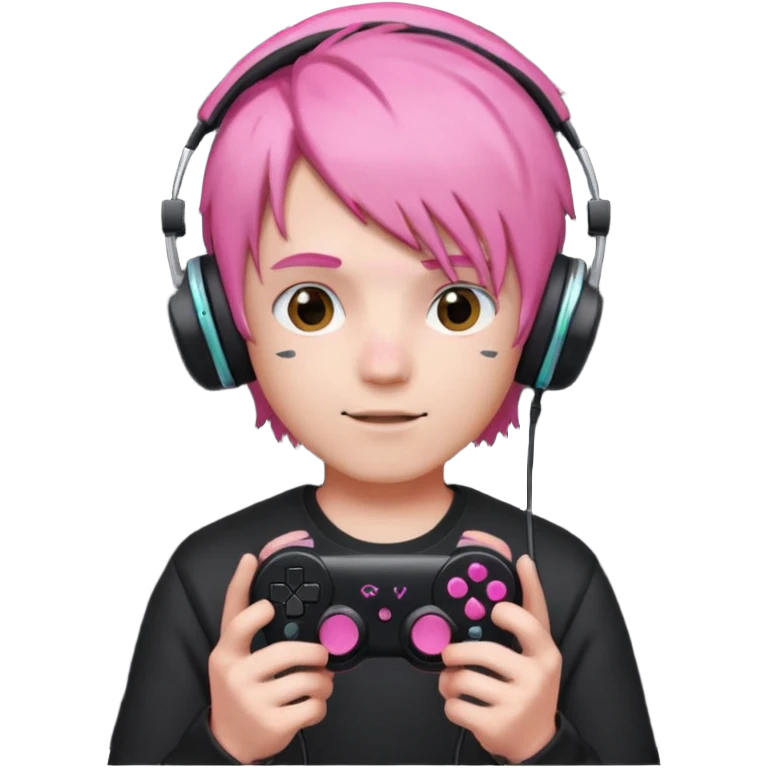 pink haired boy with headphones holding all black game controller emoji