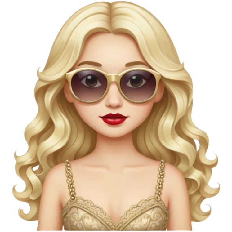 a pale blonde girl with elaborate makeup and dress, long wavy hair, wearing sunglasses, confident emoji