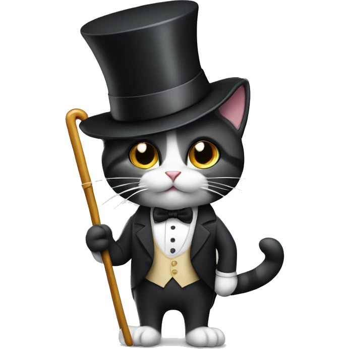 A cat in a top hat, tuxedo and with a cane in his hand emoji