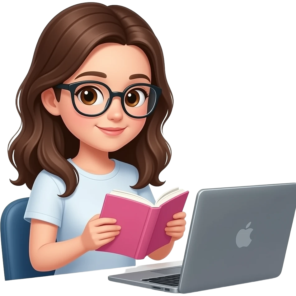 brunette pale skin girl with brown eyes and glasses reading a pink book and working on her computer emoji