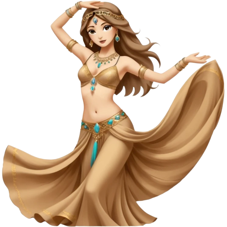 Belly dancer icon in artistic sketch style, drawn with sepia and soft pastel strokes, delicate lines and warm tones. Minimal background, graceful pose with one arm raised, flowing hair and fabric, elegant and expressive. emoji
