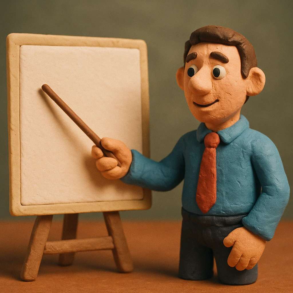 man pointing with a stick at the white board in claymation style emoji