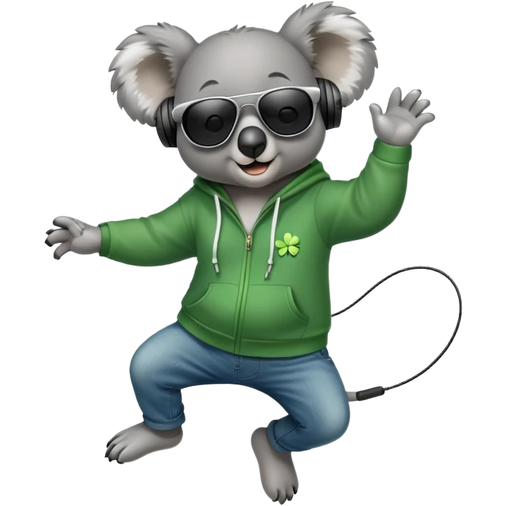 anthropomorphised koala, full body, wearing a hoodie and jeans, dark sunglasses, headphones, dressed for St. Patrick's Day, jumping emoji