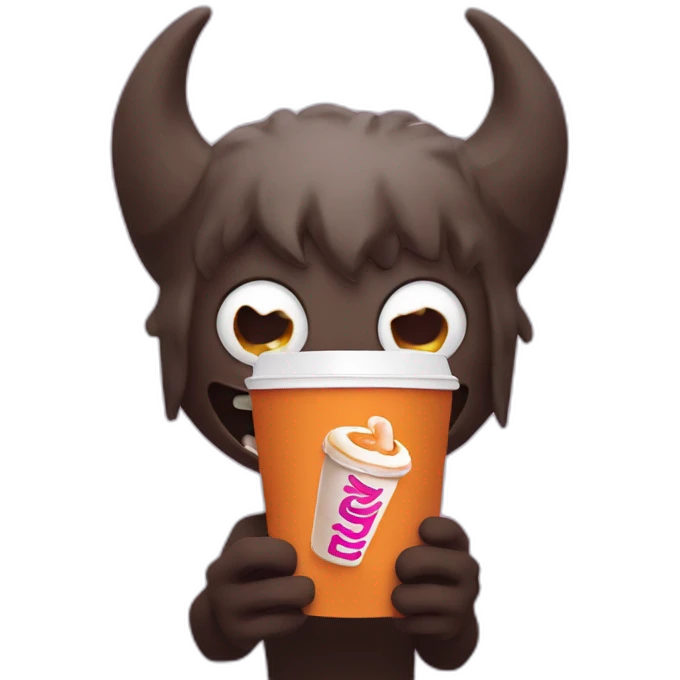 a demon holding a dunkin donuts coffee cup emoji