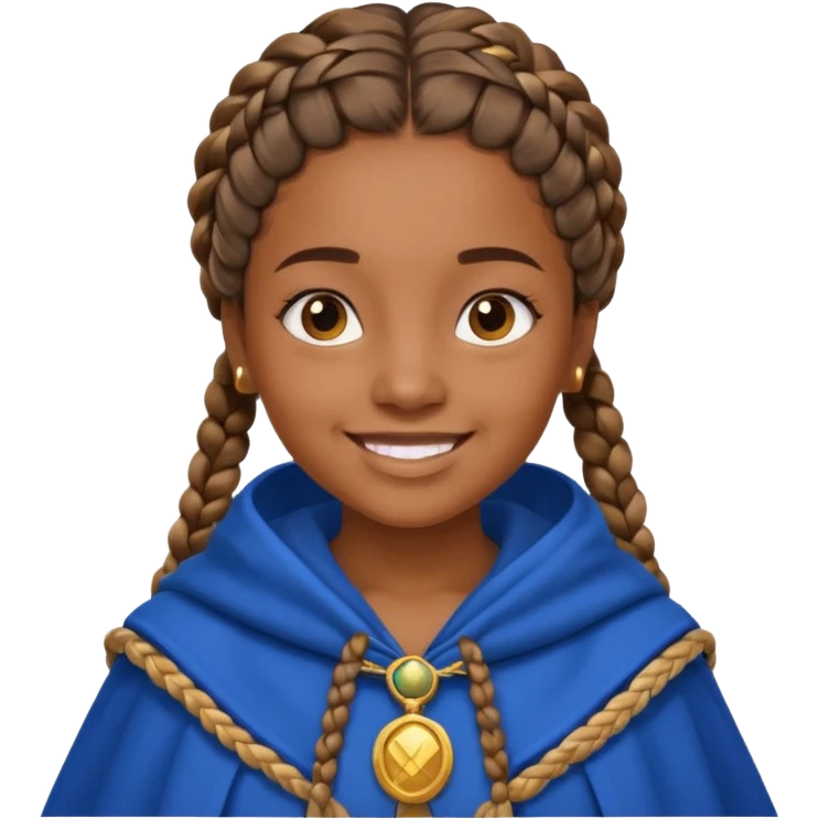 brown skin girl with braided hair, wearing blue cloak, smile emoji