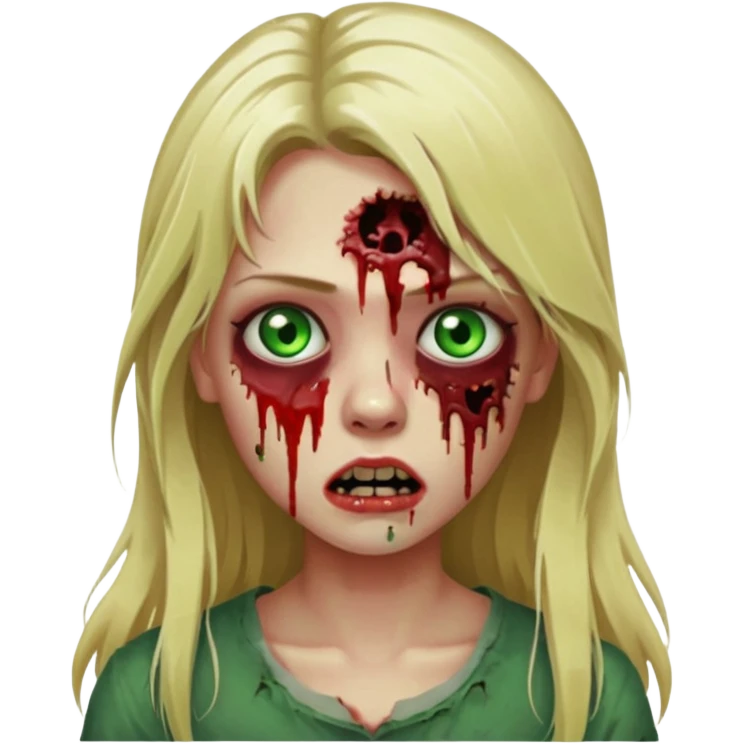 faça um emoji de um zumbi, uma menina loira com olho verdes, sangue, de terror, cabelo longo  emoji