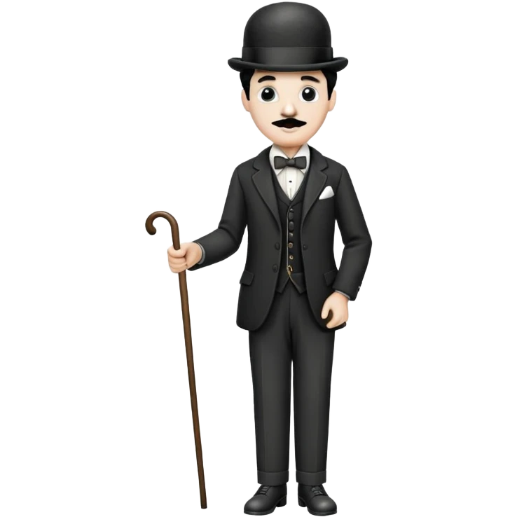 Charlie Chaplin with bowler hat, small mustache, suit, cane, and classic pose emoji