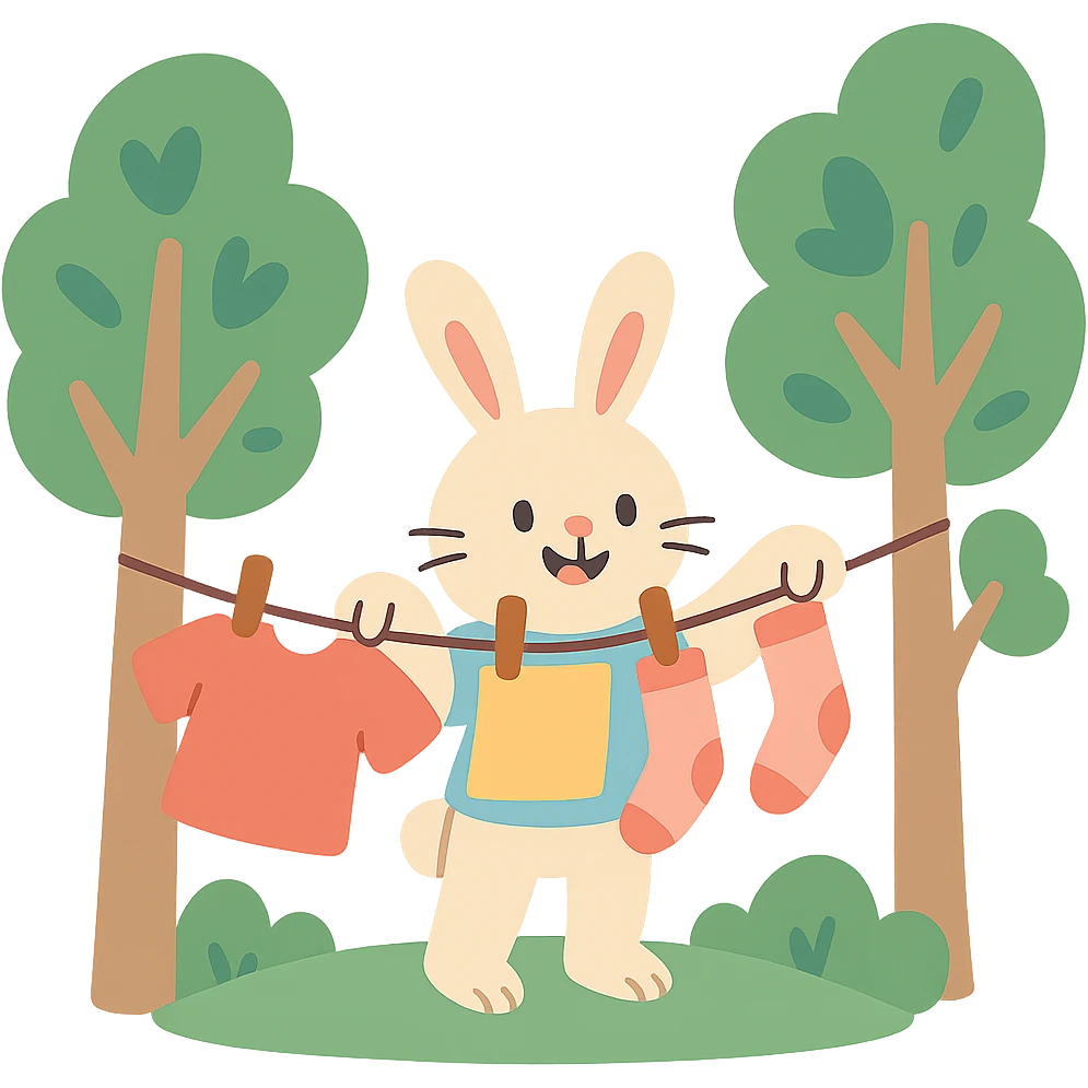 bunny hanging laundry between trees, calming domestic forest feel, soft pastel colors emoji