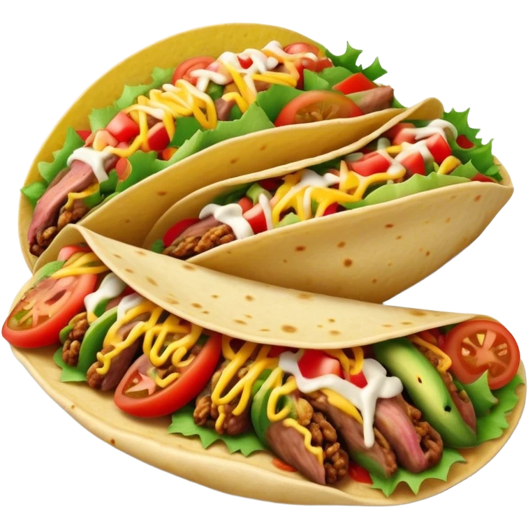 Cinematic vibrant tacos, warm soft shells filled with flavorful meats, fresh vegetables, cheese, and zesty salsa, colorful and lively, ultra-detailed and appetizing. emoji