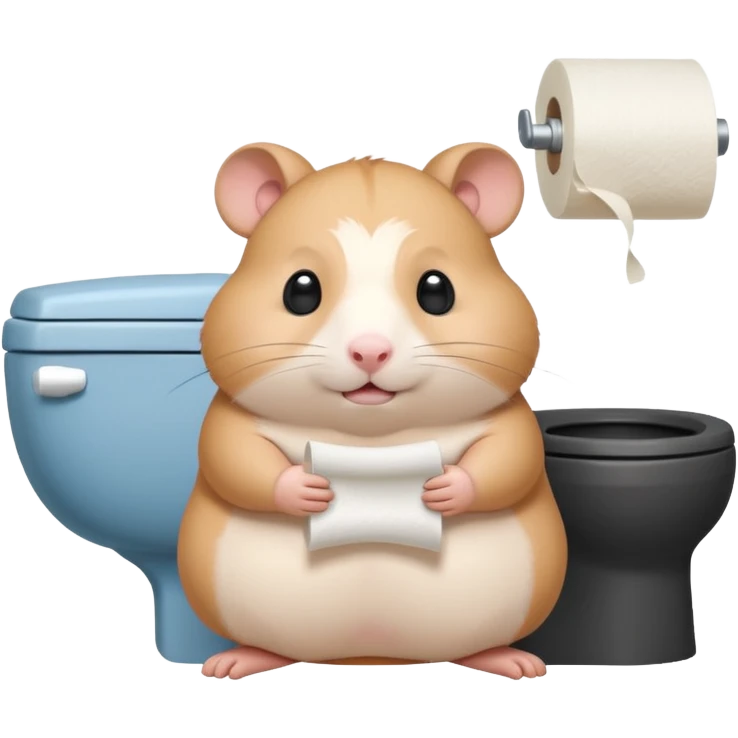 Cute chubby cartoon-style hamster sitting on toilet holding toilet paper looking as if he had an accident, sticker-style illustration emoji
