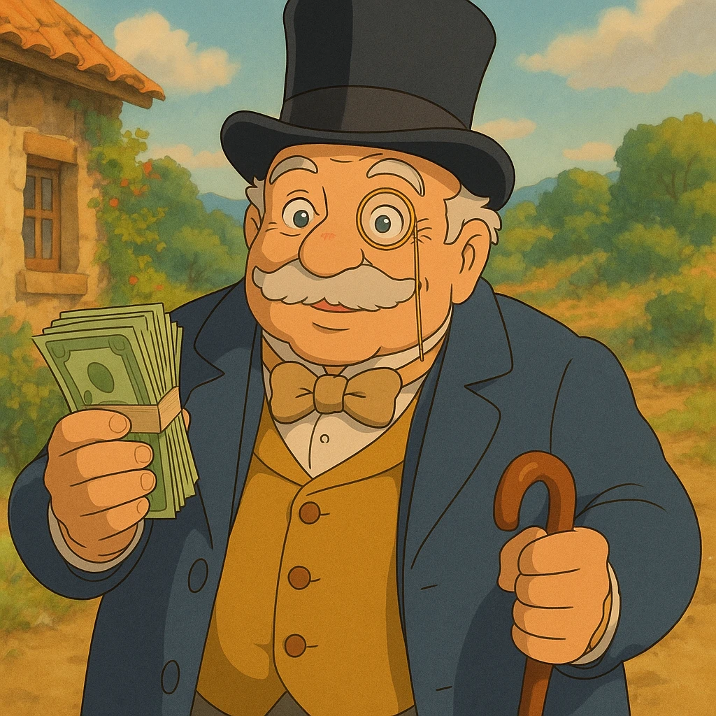 old white man with a top hat, monocle in left eye, holding stacks of money in right hand and a wooden cane in left hand, in a Ghibli style emoji