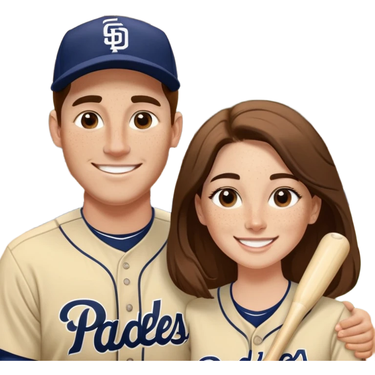 *White* couple smiling. Woman has big cheeks and a lot of freckles on the nose. long brown hair. Man has black and very short hair and prominent eyebrows with egipcian nose. Both are wearing “Los Padres” baseball jerseys and with a sign that says “Go Padres!” emoji