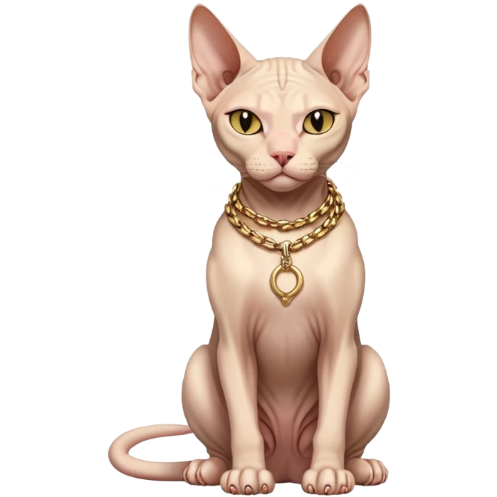 Sphynx cat full body sitting with a gold chain, one eye closed emoji