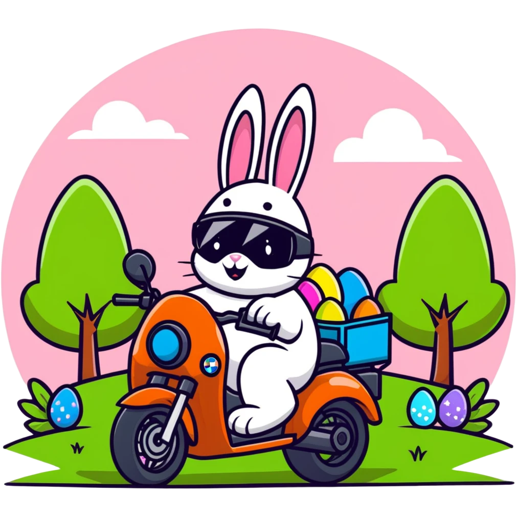 Easter bunny riding a BMW boxer motorcycle with trees and grass in the background and colorful Easter eggs hidden in the grass emoji