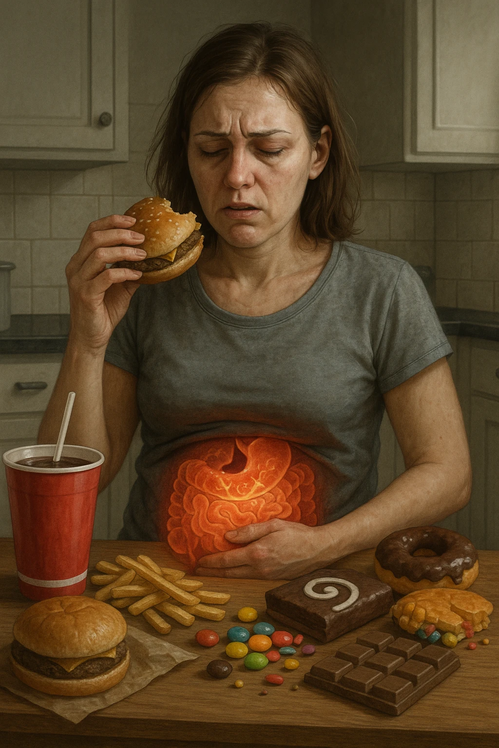 donna con candida intestinale realistic mangia cibo ultraprocessato che fa crescere la candida intestinale emoji