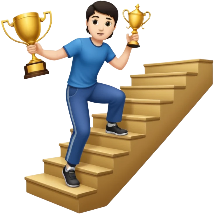 A man with fair skin and dark hair is climbing stairs to grab a trophy on the top step. emoji
