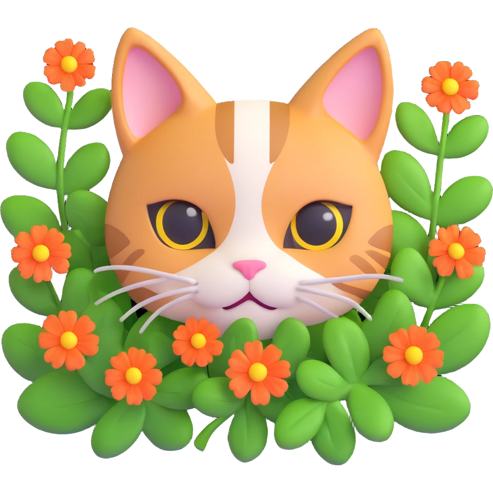 a cat hiding behind green clover leaves with flowers emoji