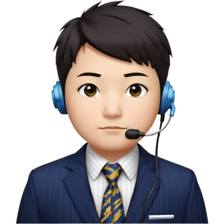 full kind of chubby face, very asian, short dark hair styled upward with a spiked swoop in front, a clean-shaven face, focused eyes, and a slim headset over one ear, wearing a dark pinstripe suit with a patterned dress shirt and a bright solid-colored tie visible from the chest up. emoji