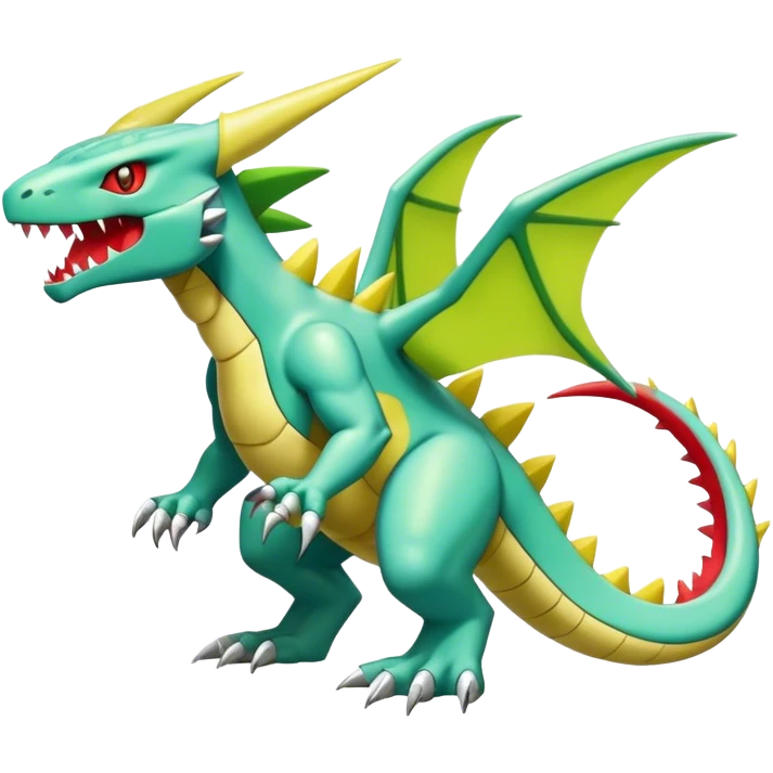 Cool cute shiny futuristic Guilmon-Flygon-Tyranitar-Digimon-hybrid-fusion, yellow belly, full body emoji