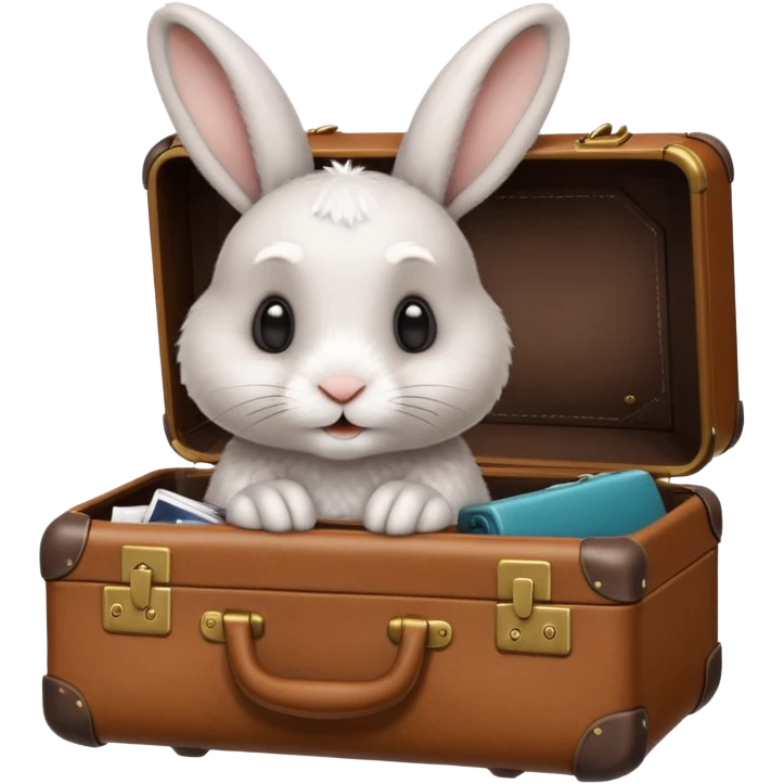 A curious rabbit nudging a tiny suitcase with its nose emoji
