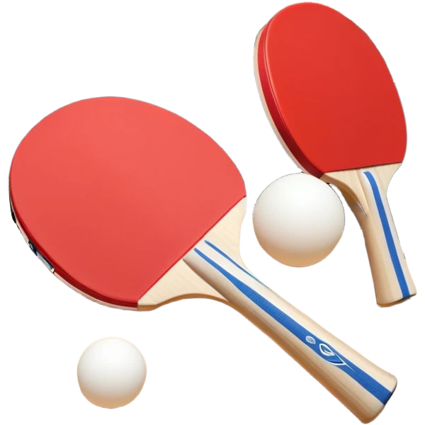 Two table tennis paddles and a ball placed on a ping pong table, with the net in the background. The scene conveys the simplicity and focus of the sport, with vibrant colors highlighting the rackets and ball on the smooth surface of the table. emoji