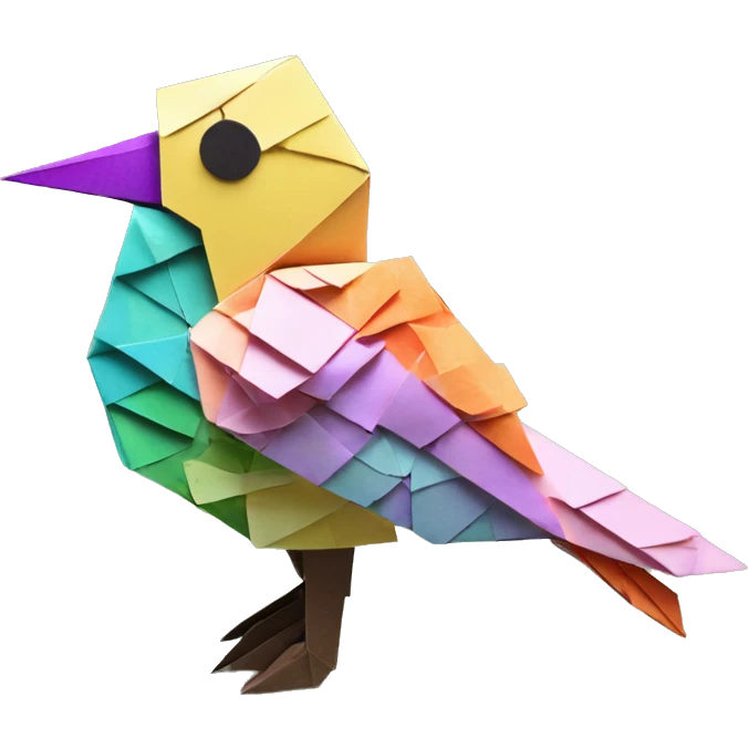 Origami pixel Minecraft bird made of patterned paper flowers newspaper cuttings roses flowers tropical emoji