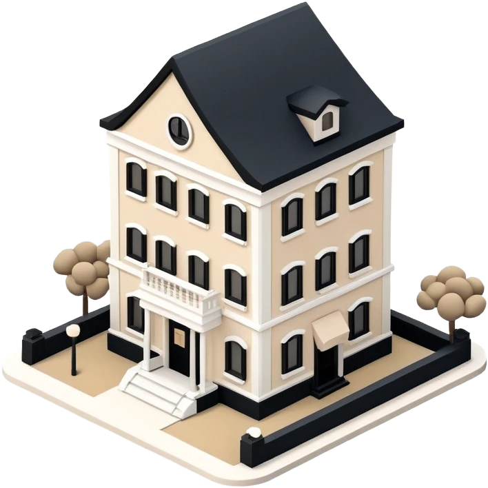 Isometric exterior little black, beige, and white hotel, elegant dollhouse style 3D realistic  emoji