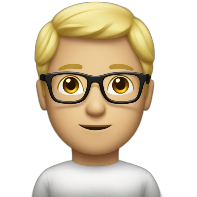 a man with blond hair with black glasses, small smile, with the body emoji