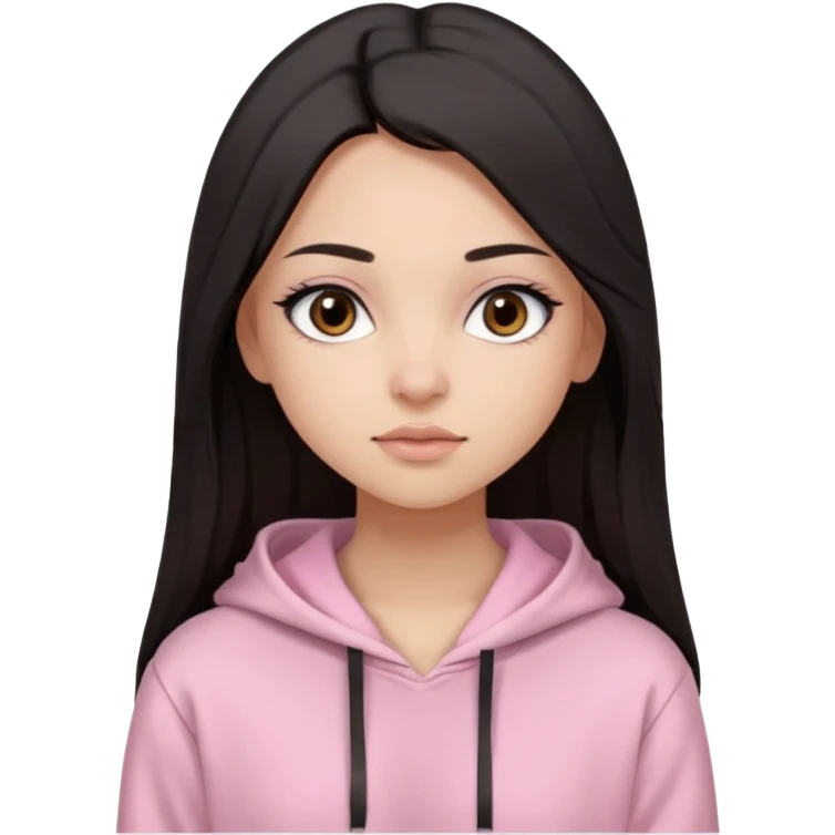 A pretty girl with light skin and long straight black brown hair, wearing a very light pink basic hoodie with brown eyes and makeup and a round face emoji