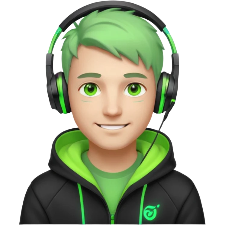friendly streamer avatar, smiling man, stylized illustration, neon green eyes with soft warm highlights, hoodie and headset with neon accents, subtle cyberpunk vibe, dark background, clean lines, cozy and friendly mood emoji