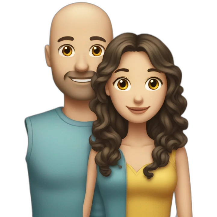caucasian bald man and a caucasian woman with long curly dark hair and bangs hugging emoji