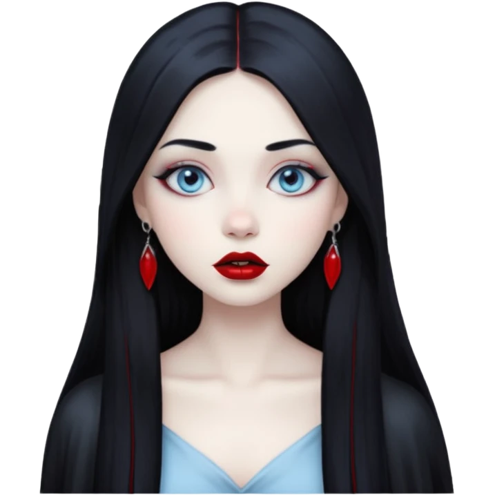 Gothic girl, pale ghost skin, light blue eyes, red round lips and long straight black hair. emoji