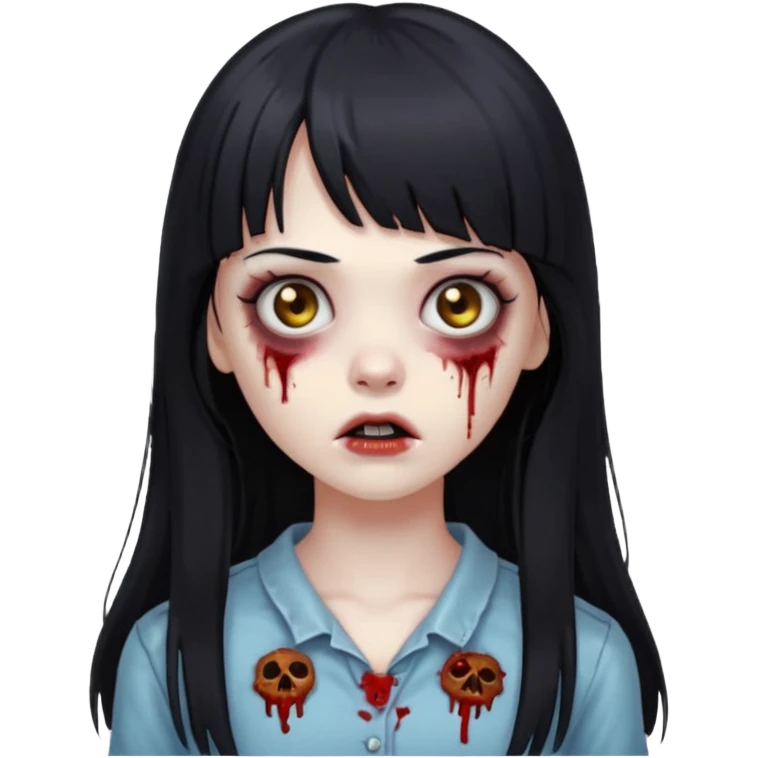 faça o emoji de uma menina zumbi de cabelos longos pretos com franja emoji