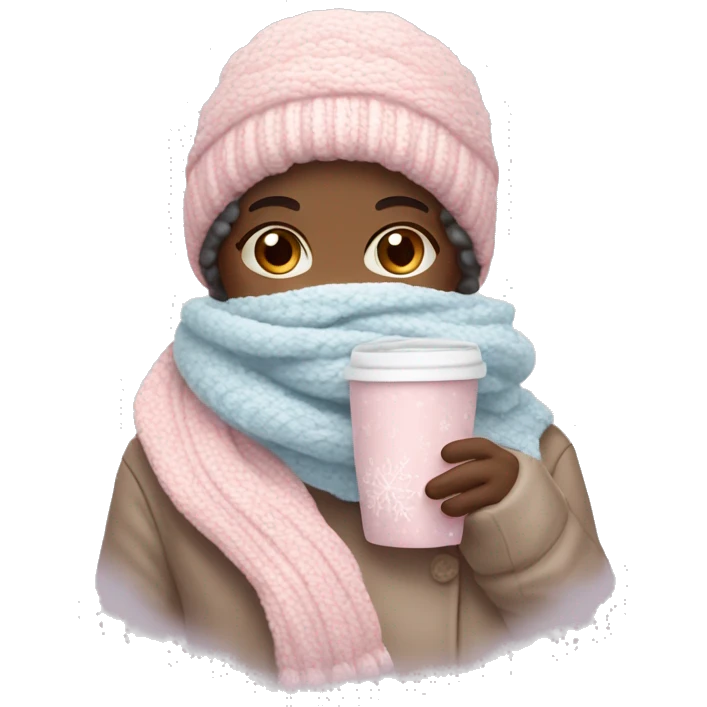 Create a cozy, feminine winter-themed emoji with pastel colors like pink and light blue. Include elements like a hot chocolate cup, scarf, sweater, and snowflakes, giving a warm, inviting winter vibe. emoji