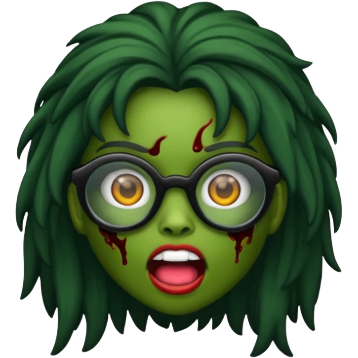 crie um emoji de zumbi feminino, com pele verde, óculos preto e cabelos pretos longos emoji