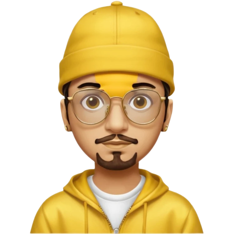 Ali G from Ali G Indahouse with brown eyes, dark brown hair, gold outfit, yellow glasses and hat emoji