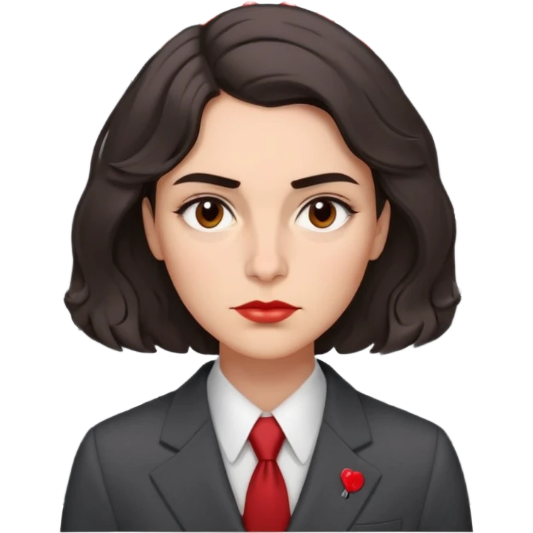 Gender: Non-binary Hair: Medium-length wavy bob, deep brown Face: Tense jawline, single vertical brow wrinkle Clothes: Tailored charcoal suit Action: Pinning deadlines on calendar with red pins emoji