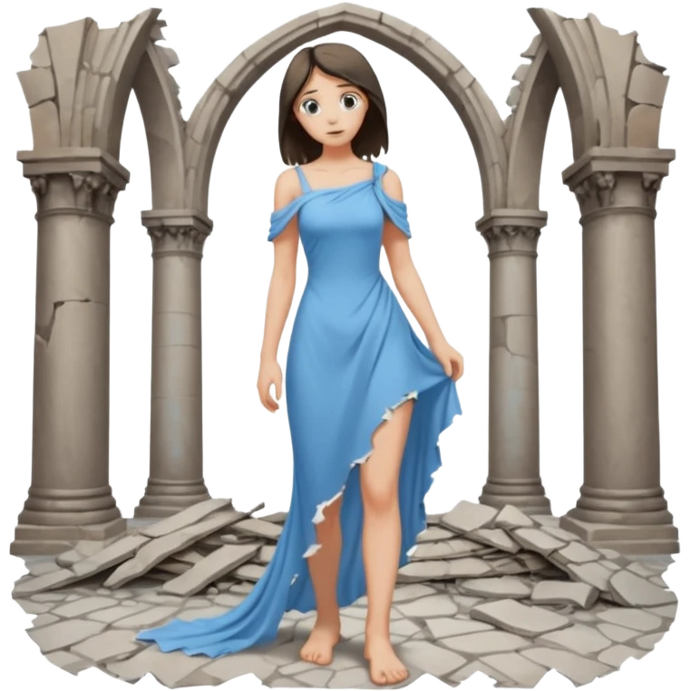 Female figure standing barefoot in ruined cathedral, dress slipping from shoulder emoji