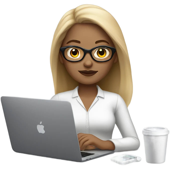 a white woman, basic style with simple, natural hair and minimal makeup, with glasses and macbook, and accessorizes with a watch , reflecting modern practicality. emoji