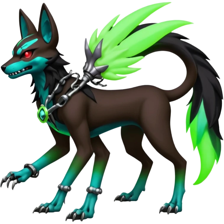 Hyper realistic demonic slim skeletal black and neon green futuristic shiny colorful bioluminescent cyber-Poochyena-Lycanroc-Zorua-Litten-Houndoom-Fakémon-Pokémon-Digimon-hybrid-fusion (full body) with a skull face emoji