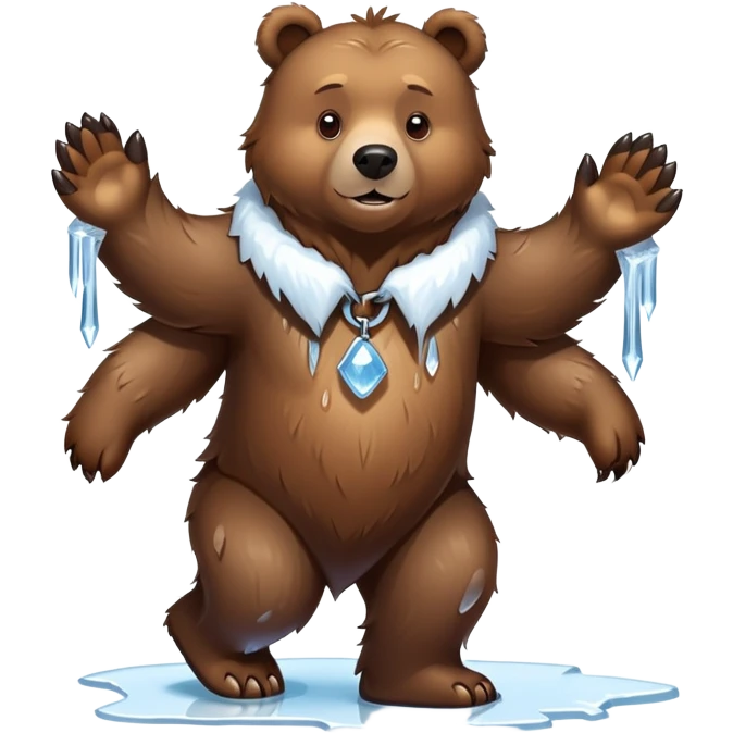 Natural looking brown bear walking on four paws, wearing a thick collar made of clear ice with sharp icicles dangling from it, like a large dog collar shape emoji