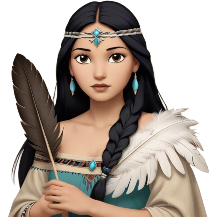 Cinematic Realistic Pocahontas Portrait, depicted with lifelike skin texture, soft natural lighting, and intricately detailed long, flowing raven-black hair that moves gracefully in the wind. Her deep, soulful dark brown eyes exude wisdom and strength, complemented by a serene yet powerful expression. She is shown gently holding a feather in one hand, her other hand resting lightly at her side, embodying the harmonious balance between nature and herself. She is dressed in her classic one-shoulder native American dress, with rich fabric textures and delicate beaded details that catch the light beautifully. The portrait features a soft, sun-kissed glow with a natural, radiant finish, capturing the essence of untamed beauty and deep connection to nature in a realistic and painterly style, evoking a sense of depth and authenticity. emoji