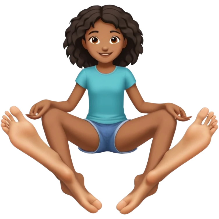 A young black girl is sitting with her legs stretched out in front of her . She is barefoot. She shows both soles of her feet in the direction of the camera. her soles are wide . her face is visible and she smiles. emoji