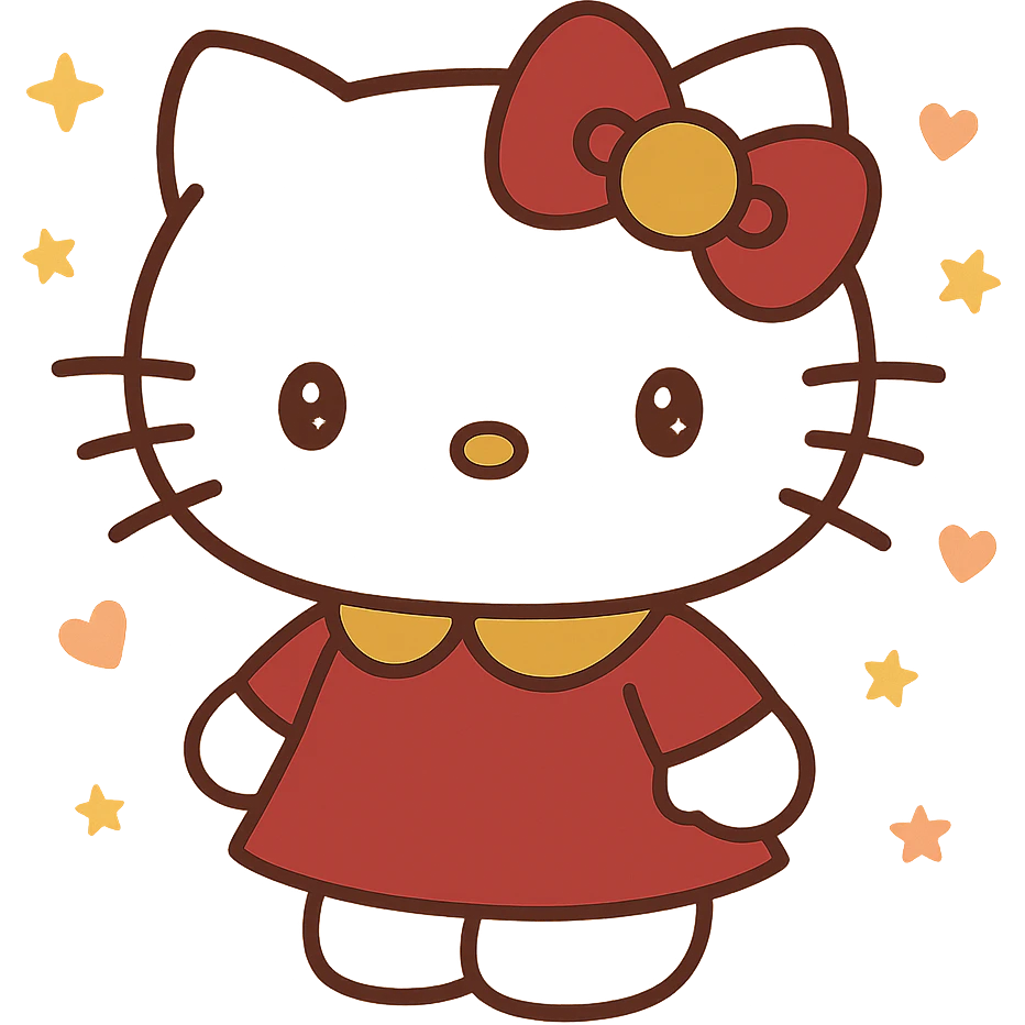Hello Kitty Autumn Style, with a burgundy and metallic gold bow, and a matching outfit emoji