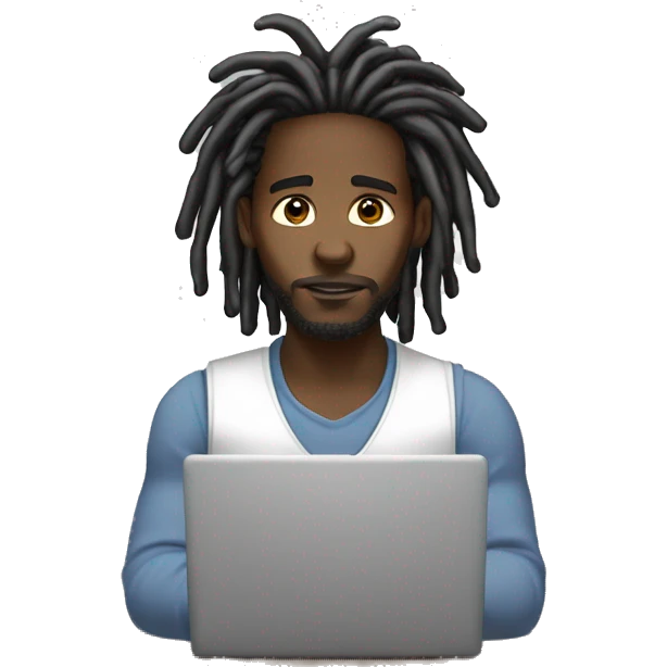 Black-guy-with-dreads-wearing-white-vest-sitting-down-on-floor-facing-foward-focused-on-laptop-computer emoji
